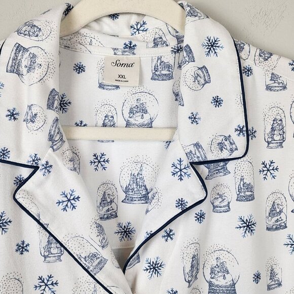 Soma sz XXL pajama top white blue snowflake snow globe Long sleeve Buttons up - Picture 2 of 11
